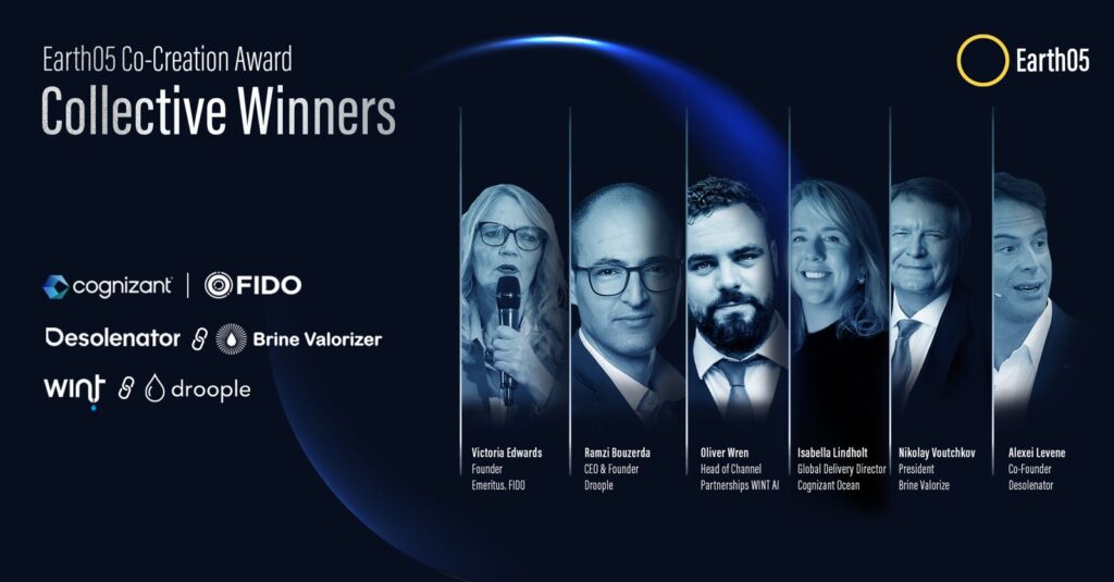 Graphic image showing photos and names of all six winners of the 2026 Earth05 prize. Photo head shots shown in blue scale on black background with the Earth05 logo