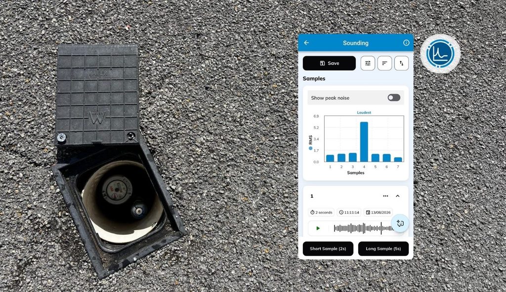 A FIDO sensor is shown positioned on a shut-off tap next to a water meter in an underground chamber surrounded. A FIDO Sounding result is overlaid to the right, showing a chart with bars of different heights